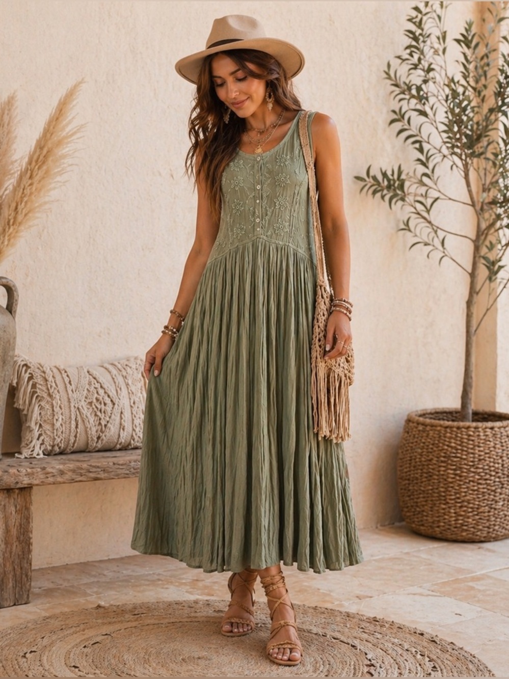 Ashi’s Sleeveless Olive-Green Batik Maxi Dress